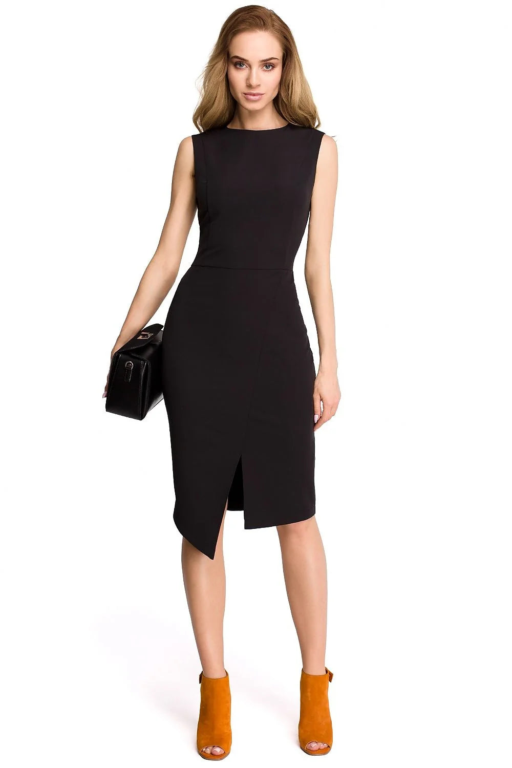Robe blanche polyester chic sans manches élégante fente ajustée col rond pour bureau et soirée