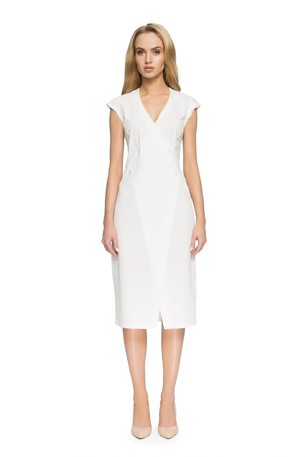 Robe blanche polyester Stylove élégante chic sans manches boutons midi pour femmes occasions spéciales