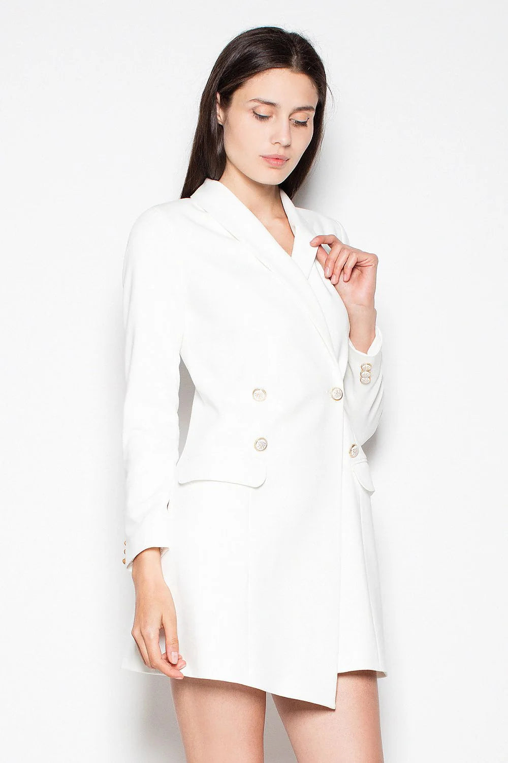 Robe blazer blanche polyester chic élégante boutons dorés manches longues double boutonnage événement formel