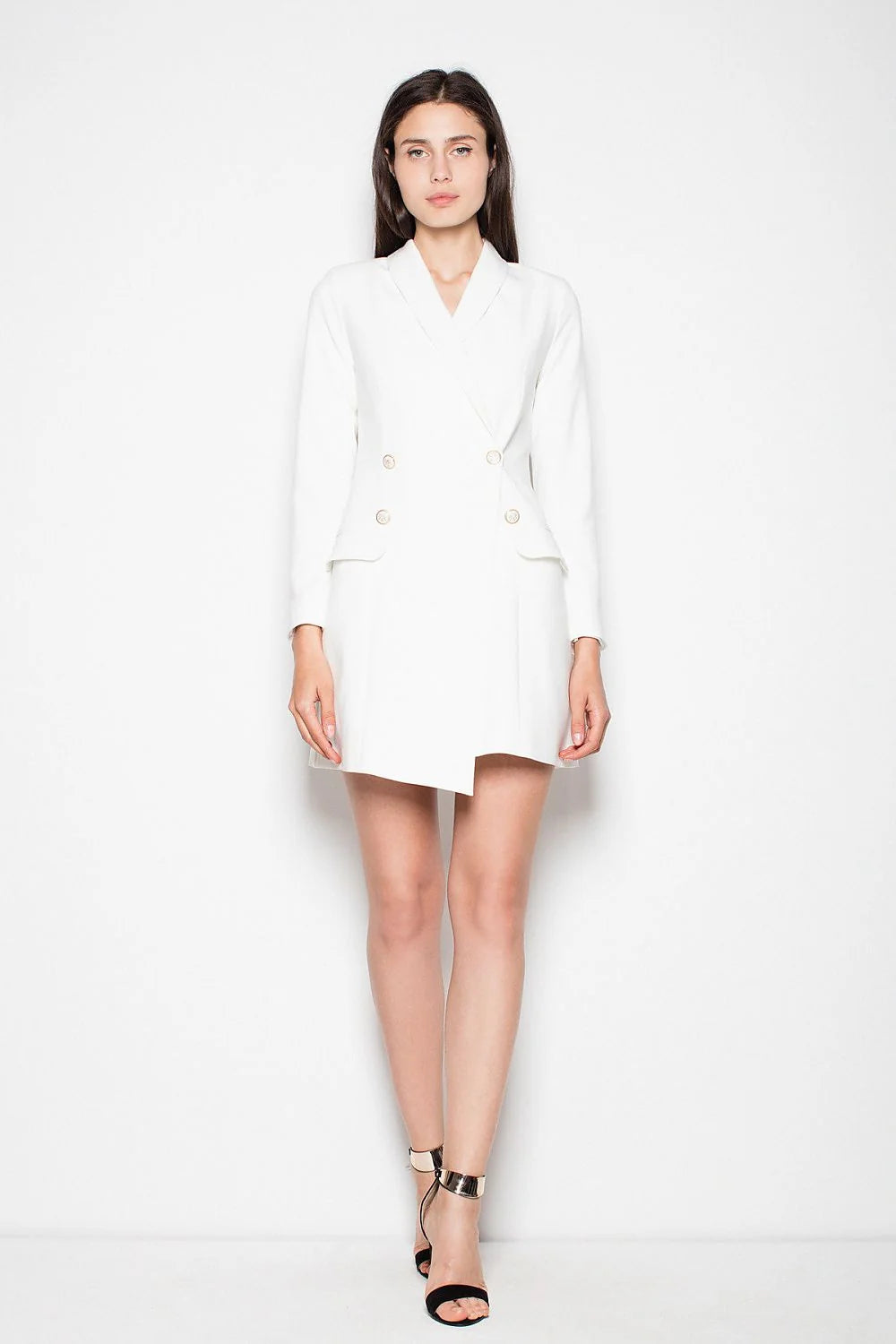 Robe blazer blanche polyester chic élégante boutons dorés manches longues double boutonnage événement formel