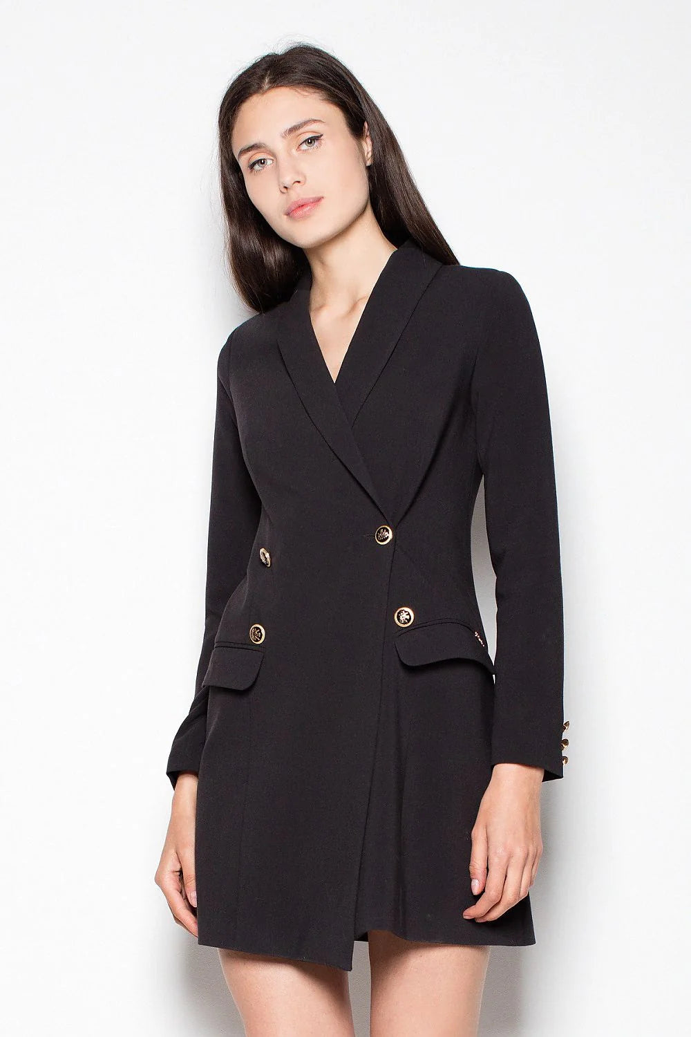 Robe blazer blanche polyester chic élégante boutons dorés manches longues double boutonnage événement formel