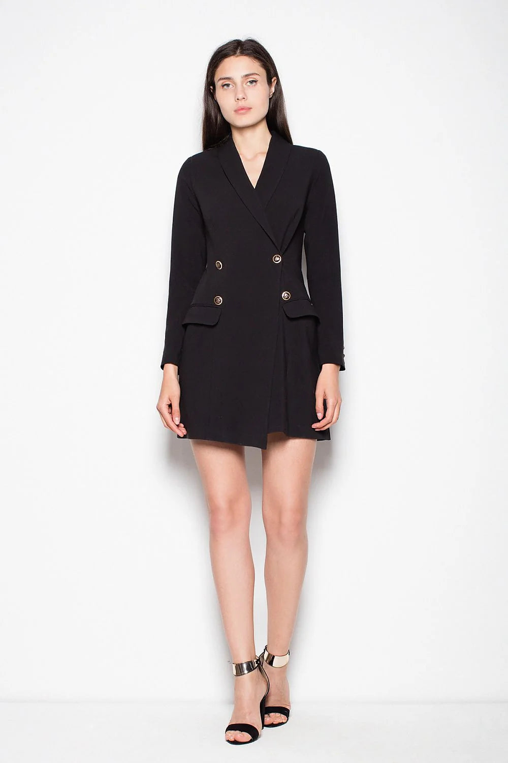 Robe blazer blanche polyester chic élégante boutons dorés manches longues double boutonnage événement formel