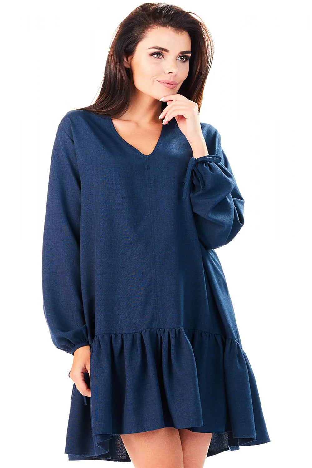 Robe bleu marine coton chic décontracté ample manches longues élégante confortable pour toutes occasions quotidiennes