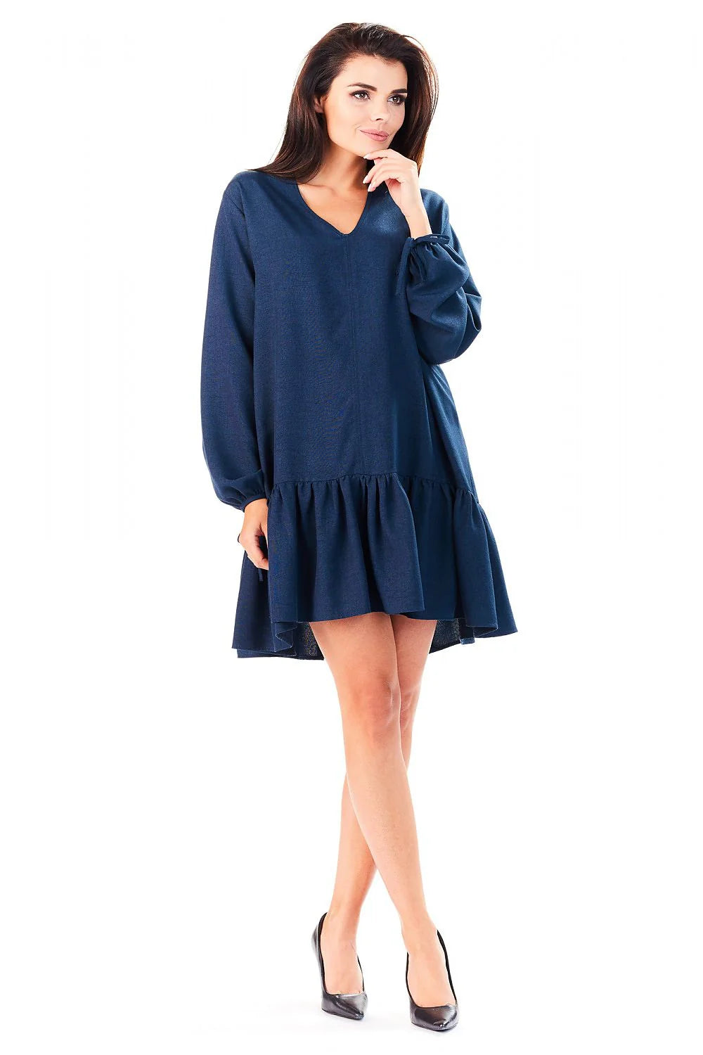 Robe bleu marine coton chic décontracté ample manches longues élégante confortable pour toutes occasions quotidiennes