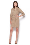 Robe casual beige coton élégante avec ceinture manches longues pour style décontracté féminin urbain chic