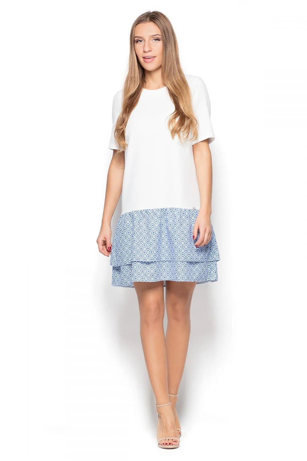 Robe casual femme coton confortable motifs géométriques bleus blancs manches courtes style décontracté été