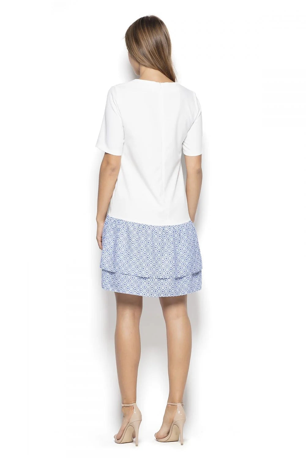 Robe casual femme coton confortable motifs géométriques bleus blancs manches courtes style décontracté été