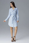 Robe chemise élégante en polyester bleu clair pour femme moderne avec ceinture et boutons