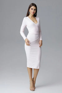 robe cocktail figl tricot côtelé extensible rose poudré encolure v croisée manches longues coupe ajustée taille cintrée effet gainant confortable