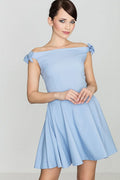 Robe cocktail coton élégante bleu clair épaules dénudées avec nœuds occasions décontractées et formelles