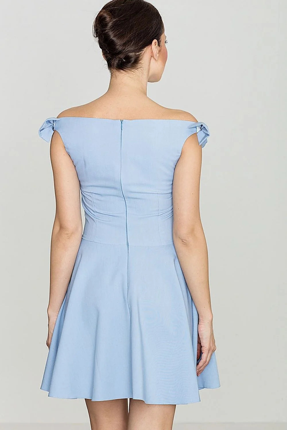 Robe cocktail coton élégante bleu clair épaules dénudées avec nœuds occasions décontractées et formelles