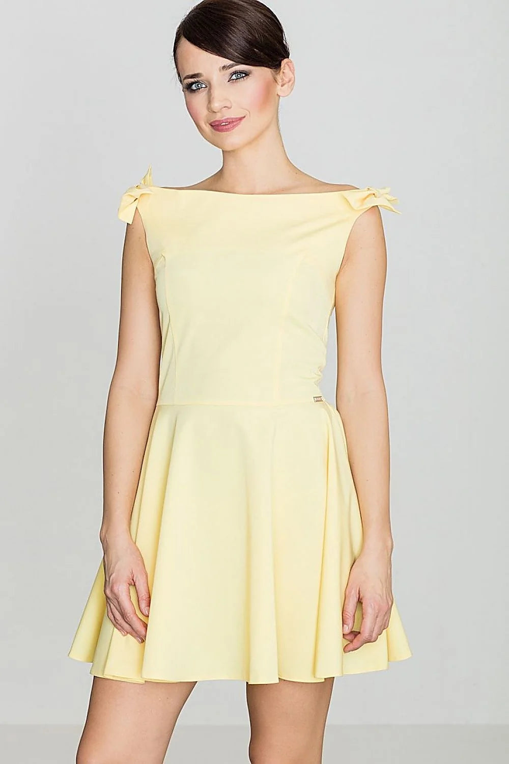 Robe cocktail coton élégante bleu clair épaules dénudées avec nœuds occasions décontractées et formelles
