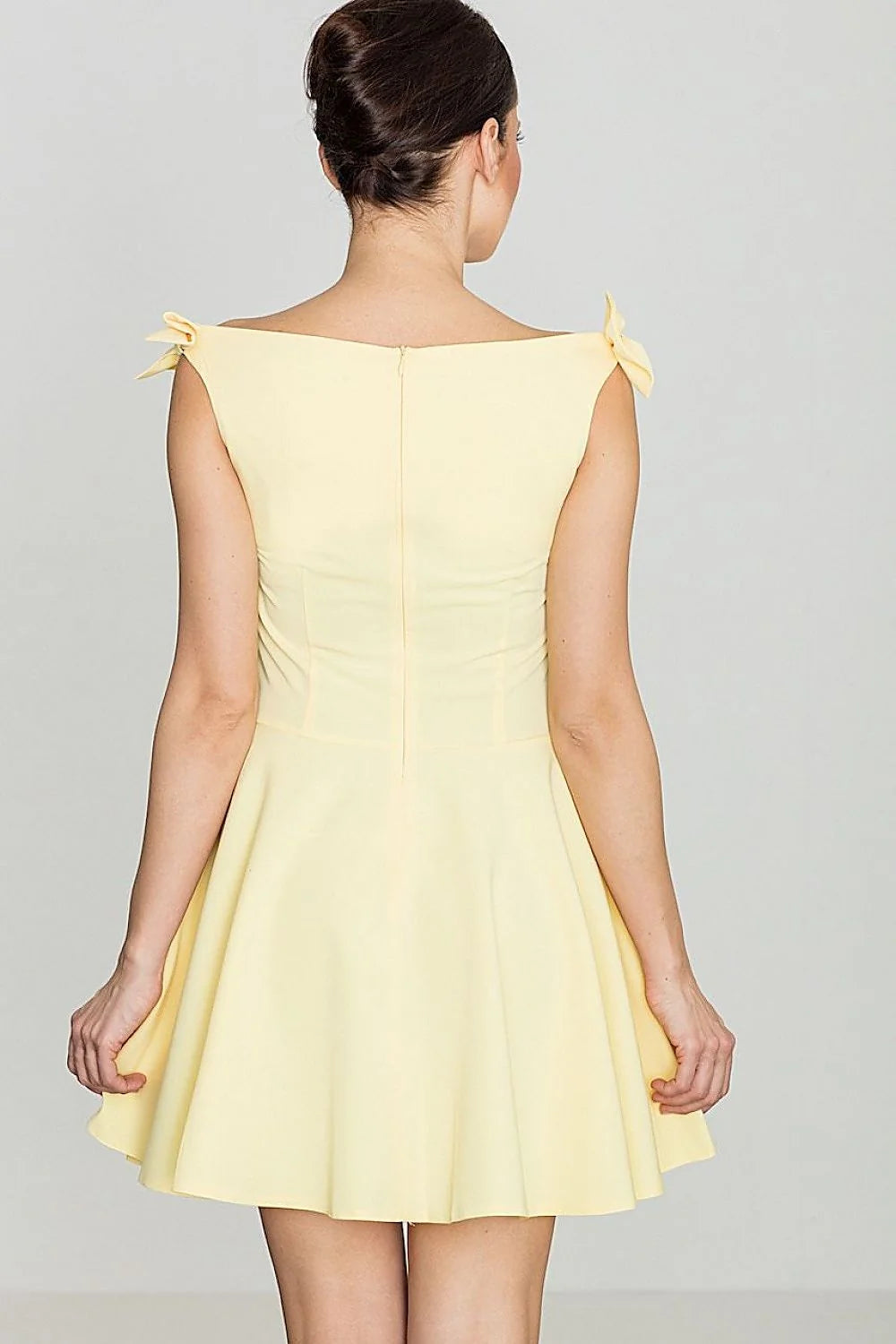 Robe cocktail coton élégante bleu clair épaules dénudées avec nœuds occasions décontractées et formelles
