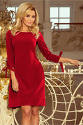 Robe cocktail rouge velours élégante manches nœuds chic soirée silhouette féminine habillée occasions spéciales