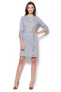 Robe confortable en coton gris style décontracté avec ceinture et manches longues pour femmes élégantes