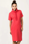 Robe confortable en coton rose vif col roulé manches courtes poches style décontracté quotidien
