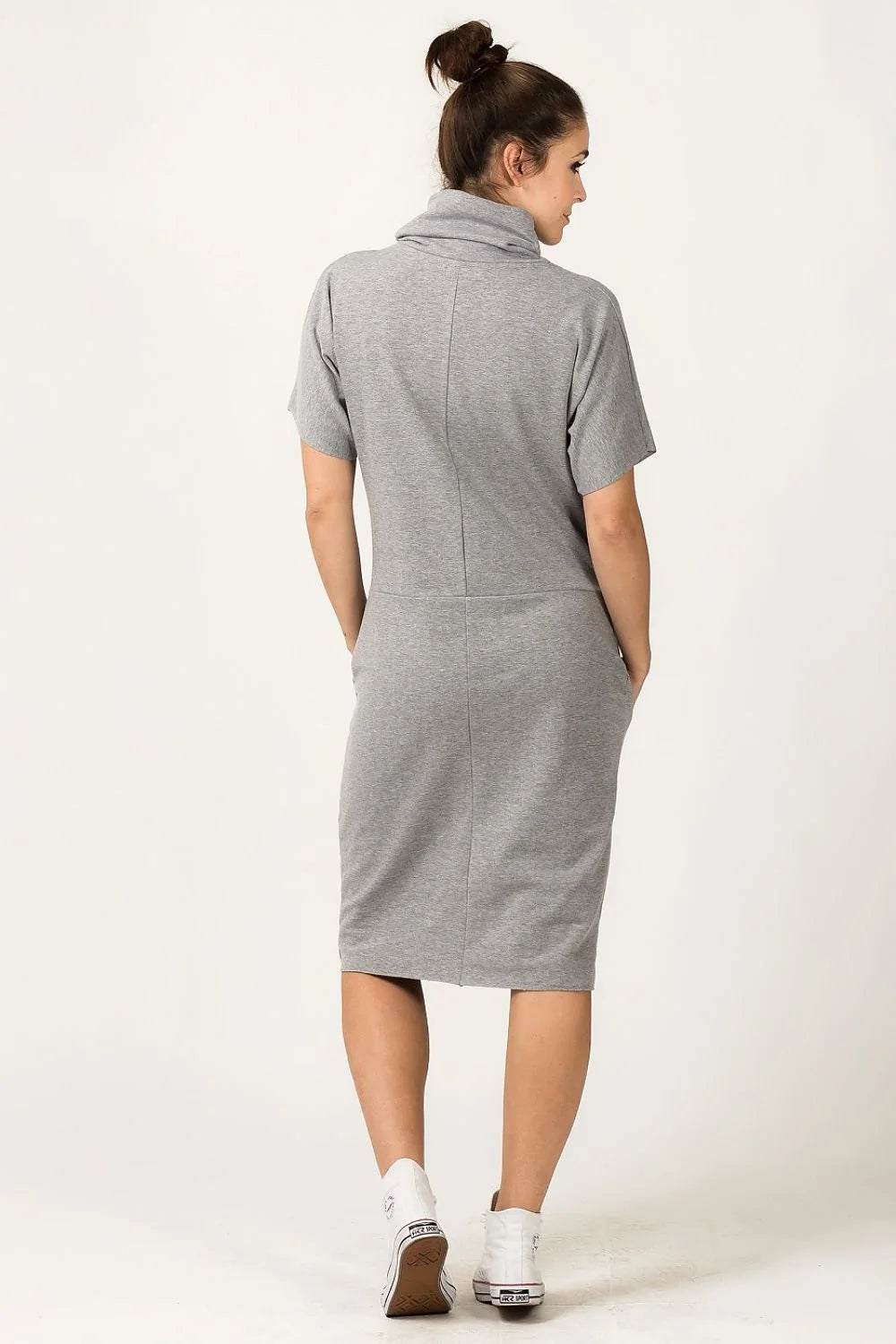 Robe confortable en coton rose vif col roulé manches courtes poches style décontracté quotidien
