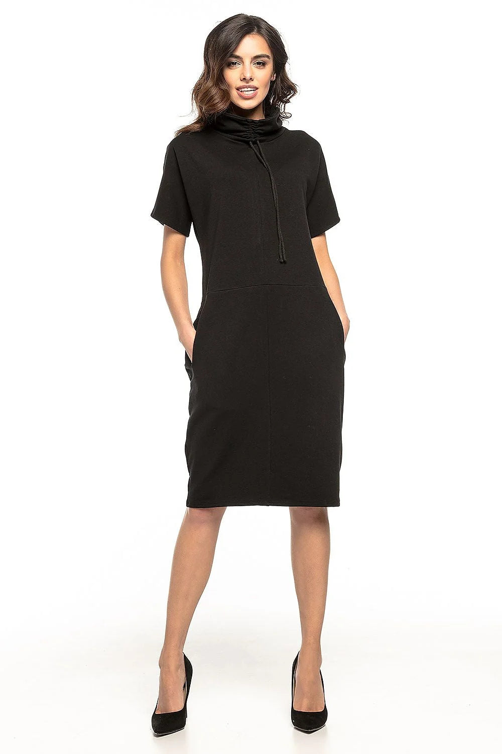 Robe confortable en coton rose vif col roulé manches courtes poches style décontracté quotidien