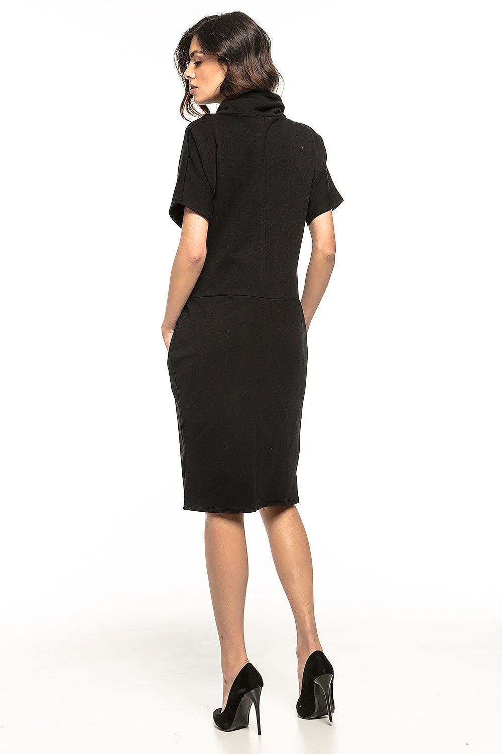 Robe confortable en coton rose vif col roulé manches courtes poches style décontracté quotidien