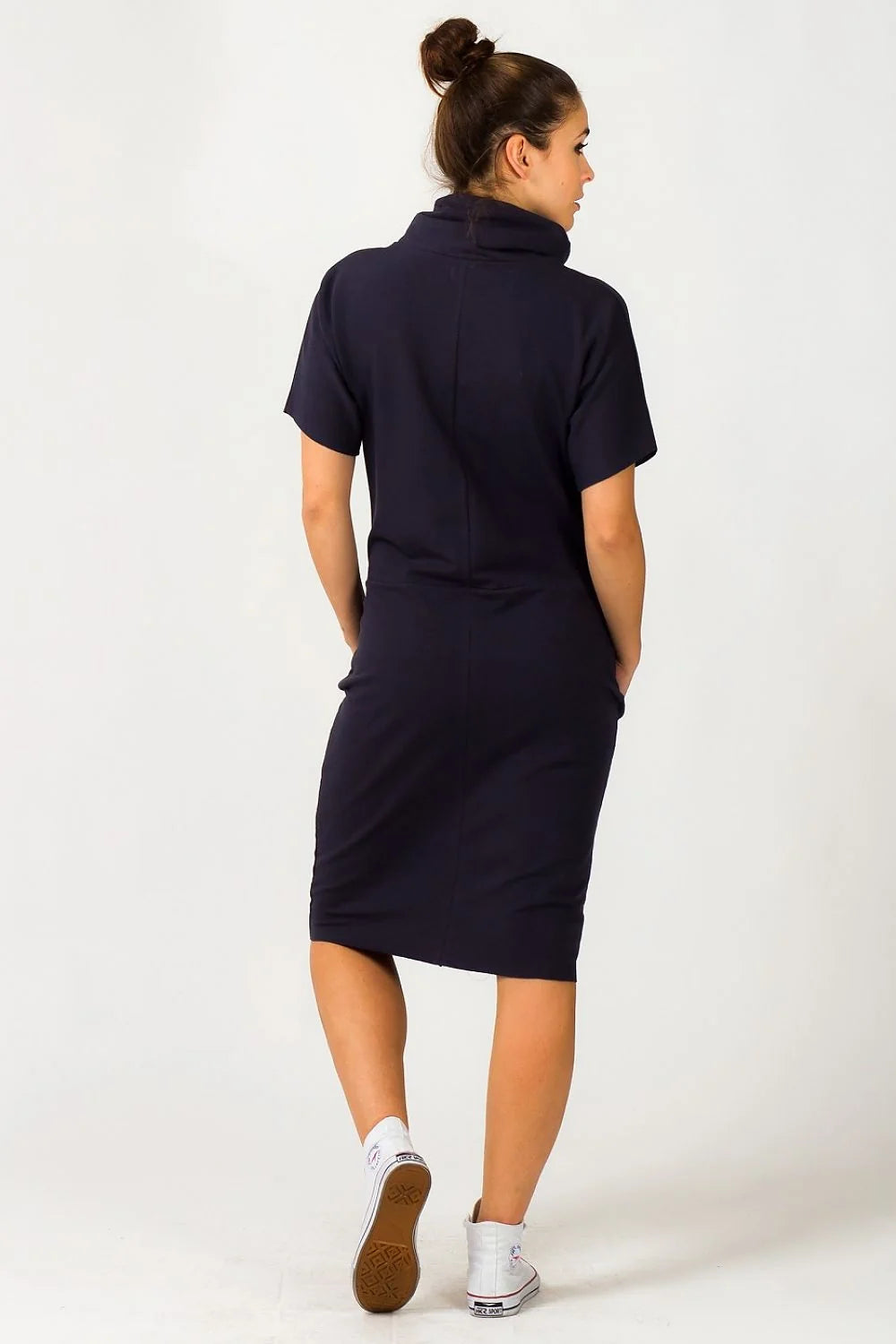 Robe confortable en coton rose vif col roulé manches courtes poches style décontracté quotidien