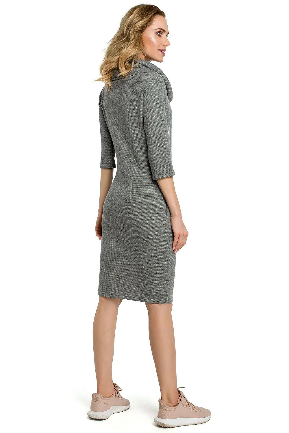 Robe confortable en jersey gris col bénitier manches 3/4 style décontracté avec poches latérales