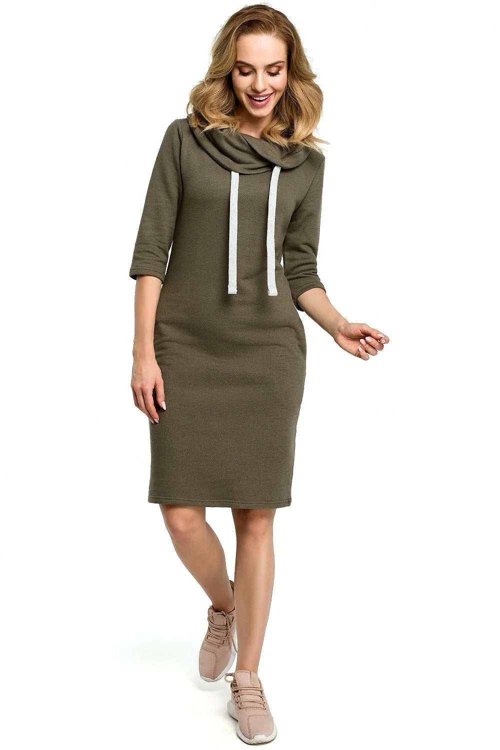 Robe confortable en jersey gris col bénitier manches 3/4 style décontracté avec poches latérales