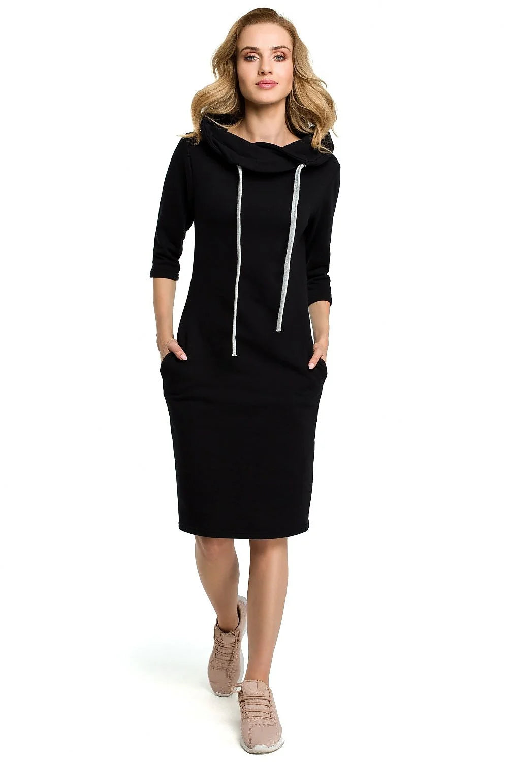 Robe confortable en jersey gris col bénitier manches 3/4 style décontracté avec poches latérales