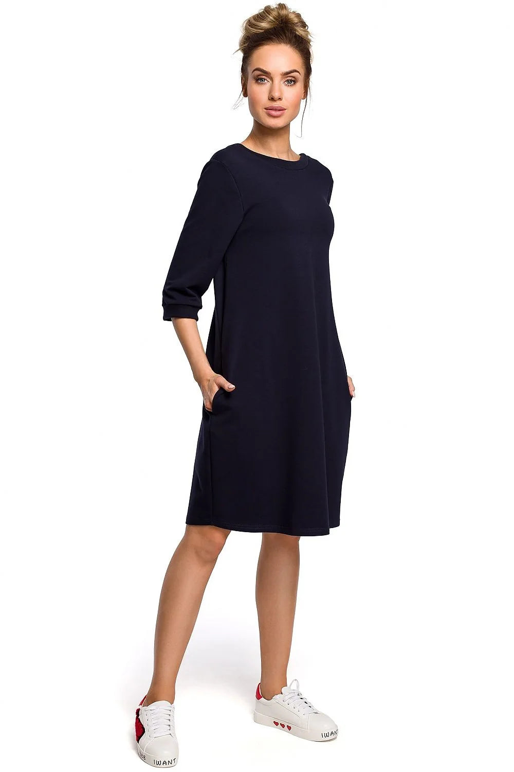 Robe coton blanche décontractée élégante manches trois-quarts coupe ample confort femme mode quotidienne