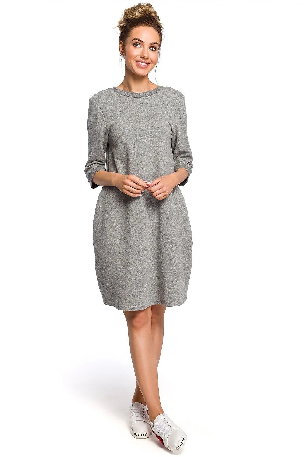 Robe coton blanche décontractée élégante manches trois-quarts coupe ample confort femme mode quotidienne