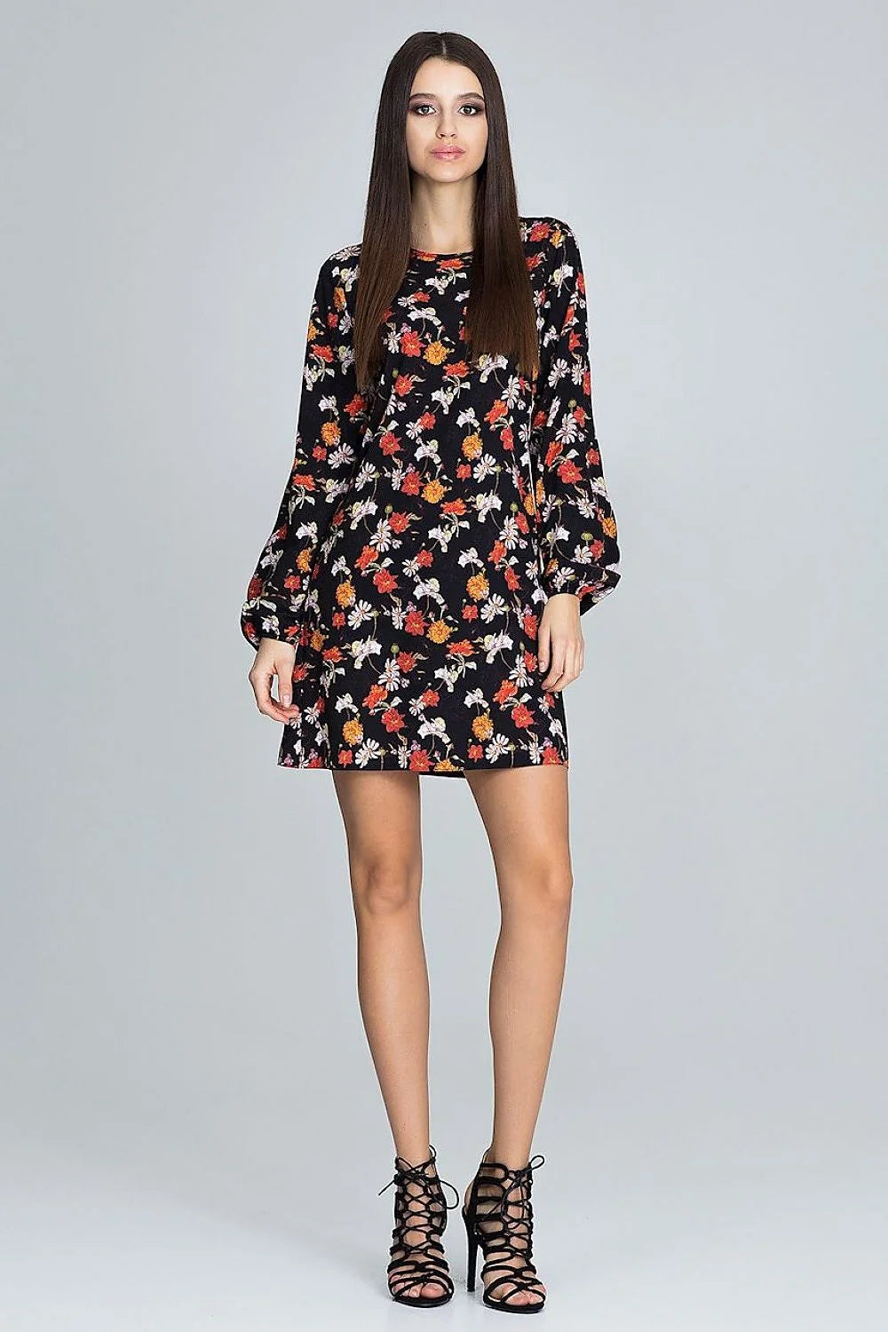 Robe courte en tissu floral élégant noir rouge manches longues tendance mode femme toutes morphologies
