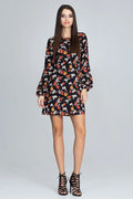 Robe courte en tissu floral élégant noir rouge manches longues tendance mode femme toutes morphologies