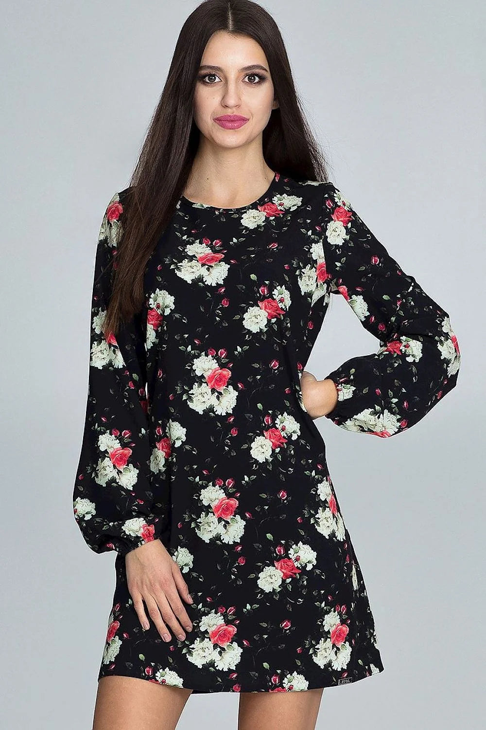 Robe courte en tissu floral élégant noir rouge manches longues tendance mode femme toutes morphologies