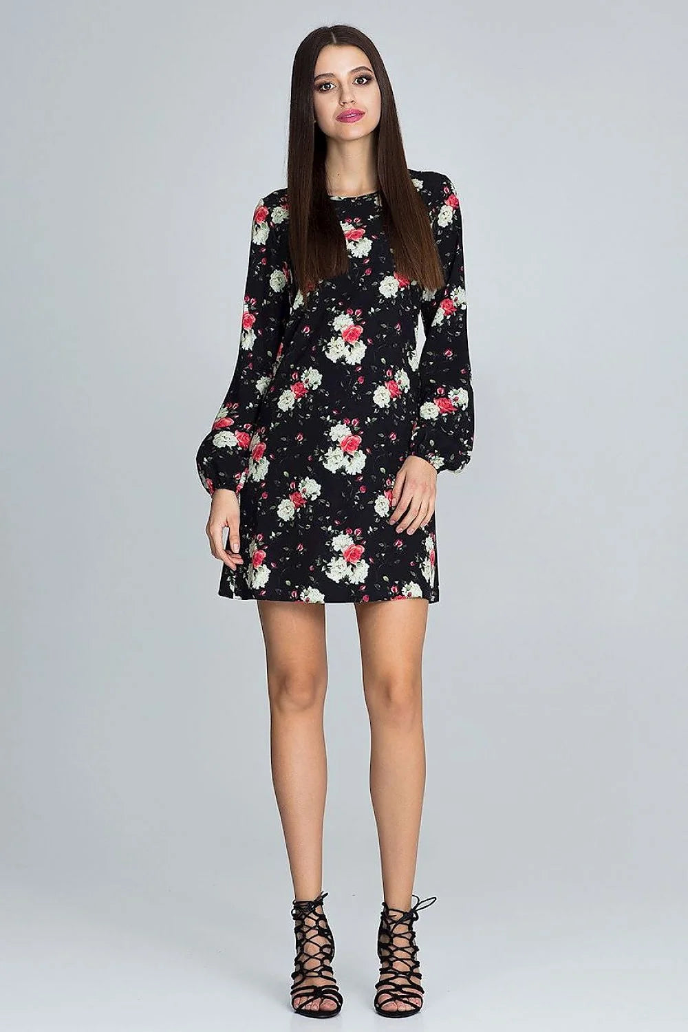 Robe courte en tissu floral élégant noir rouge manches longues tendance mode femme toutes morphologies