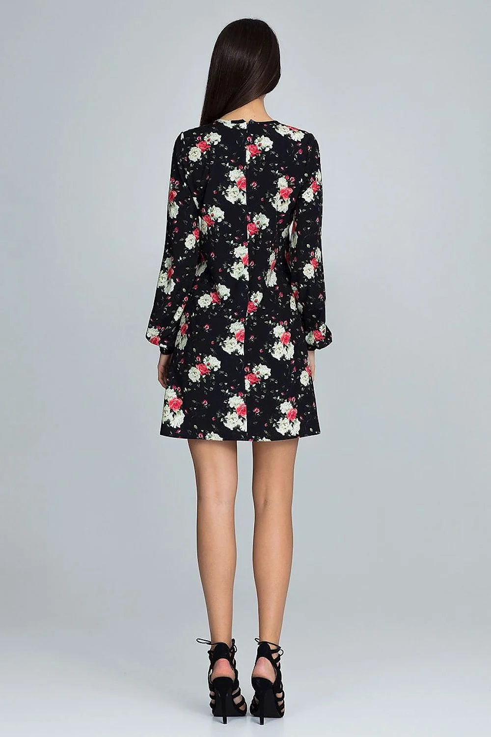 Robe courte en tissu floral élégant noir rouge manches longues tendance mode femme toutes morphologies
