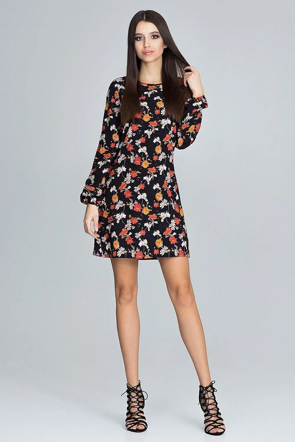 Robe courte en tissu floral élégant noir rouge manches longues tendance mode femme toutes morphologies