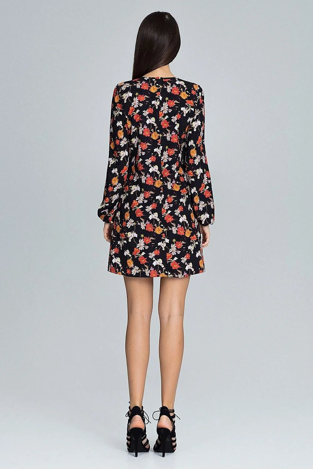Robe courte en tissu floral élégant noir rouge manches longues tendance mode femme toutes morphologies