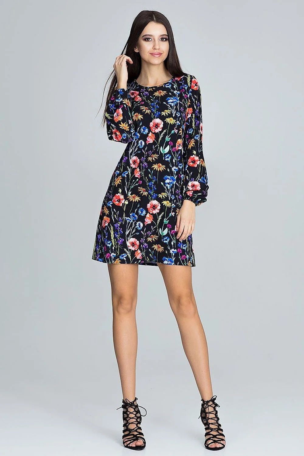Robe courte en tissu floral élégant noir rouge manches longues tendance mode femme toutes morphologies
