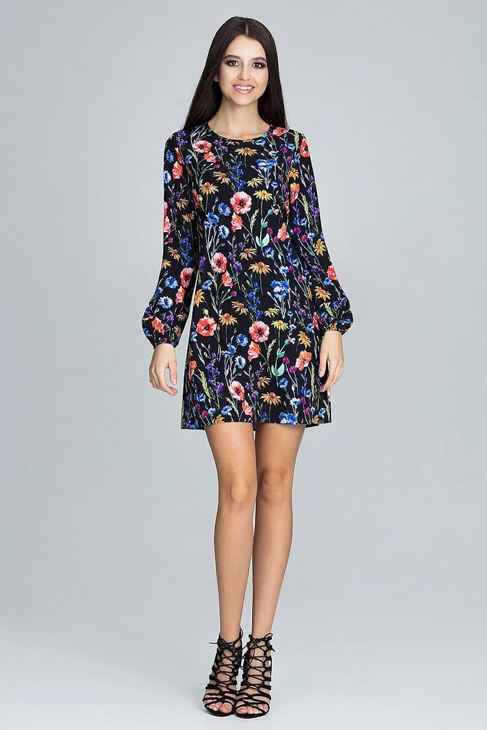 Robe courte en tissu floral élégant noir rouge manches longues tendance mode femme toutes morphologies
