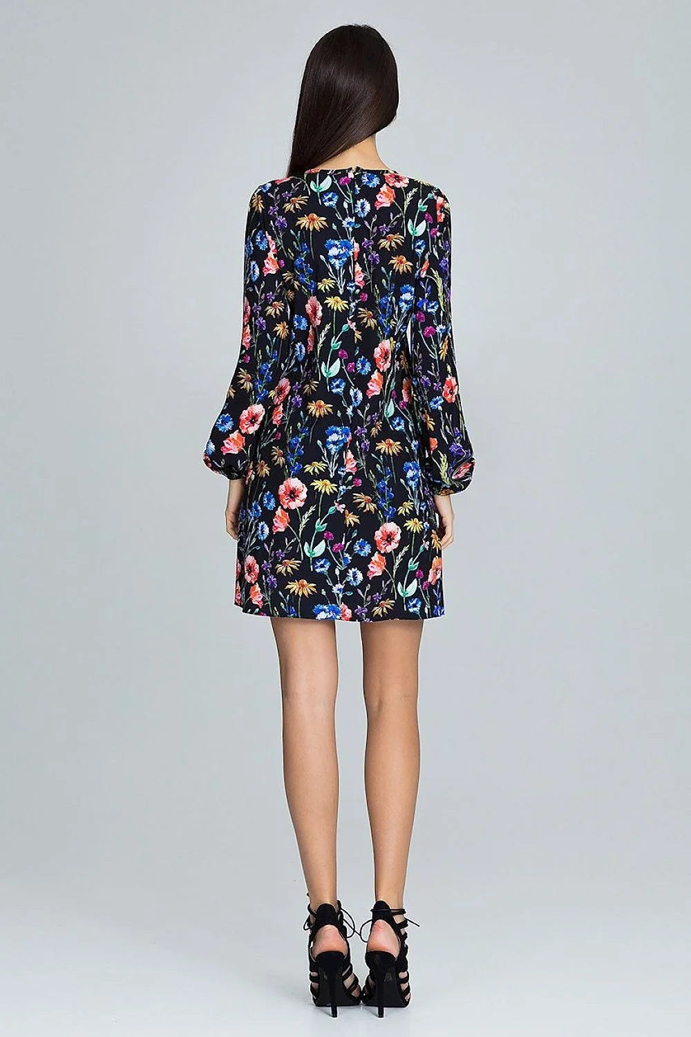 Robe courte en tissu floral élégant noir rouge manches longues tendance mode femme toutes morphologies