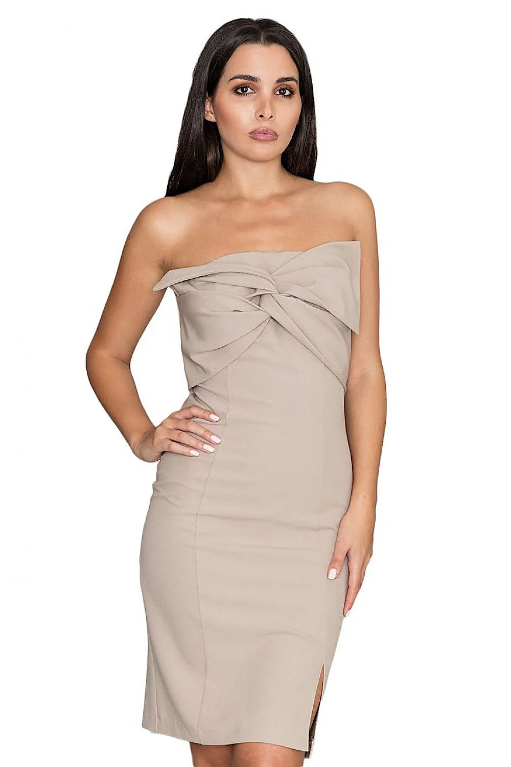 Robe de cocktail en polyester chic et ajustée avec fente beige pour soirées élégantes femmes
