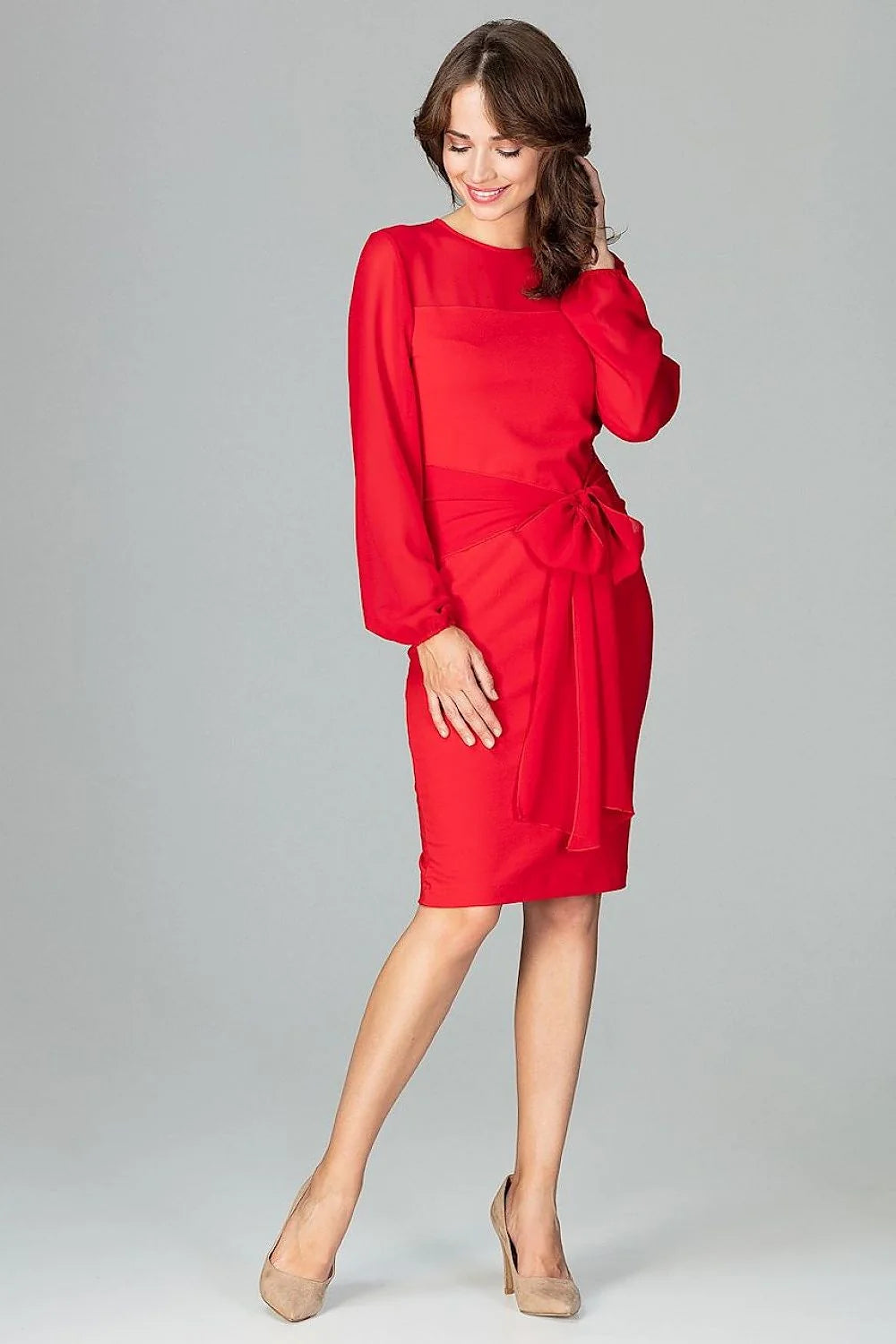Robe de cocktail en polyester élégante chic rouge vif manches longues soirée féminine tendance