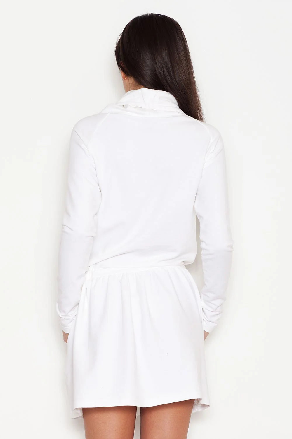 Robe de jour en coton blanc style décontracté minimaliste élégante manches longues col drapé