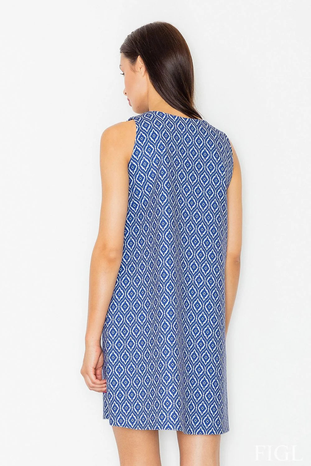 Robe de jour Figl coupe droite élégante motifs géométriques bleue pour femme moderne et décontractée
