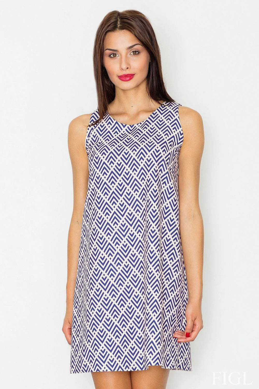 Robe de jour Figl coupe droite élégante motifs géométriques bleue pour femme moderne et décontractée