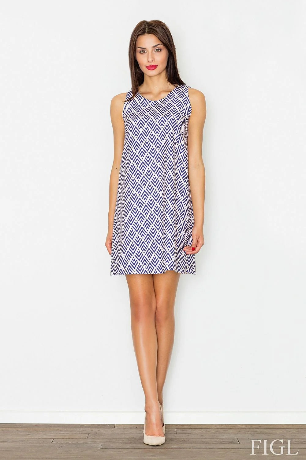 Robe de jour Figl coupe droite élégante motifs géométriques bleue pour femme moderne et décontractée