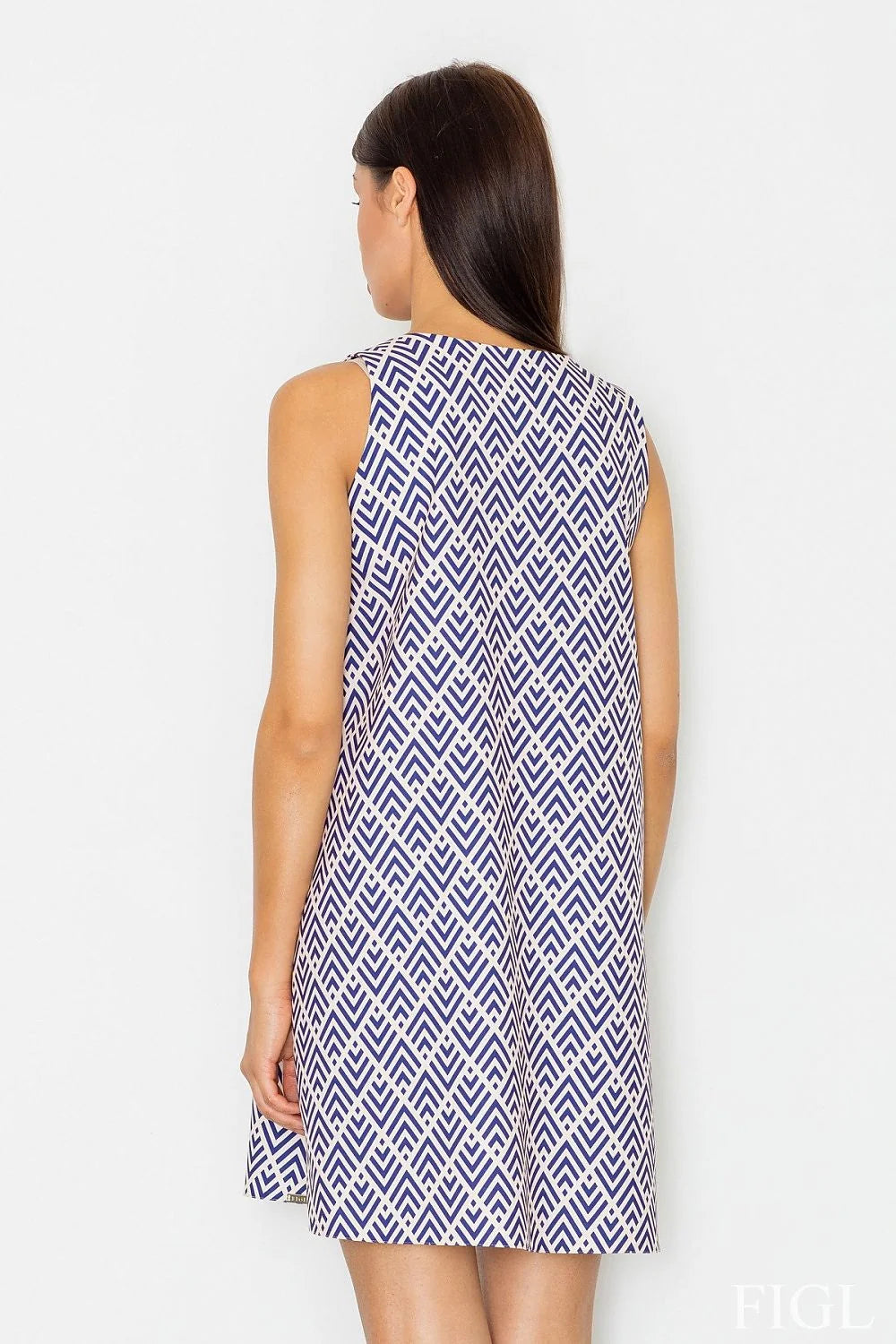 Robe de jour Figl coupe droite élégante motifs géométriques bleue pour femme moderne et décontractée