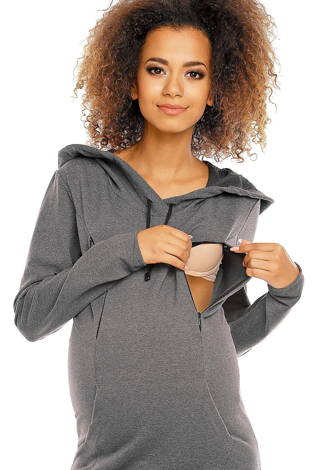 Robe de maternité en coton beige confortable avec capuche idéale pour futures mamans élégantes
