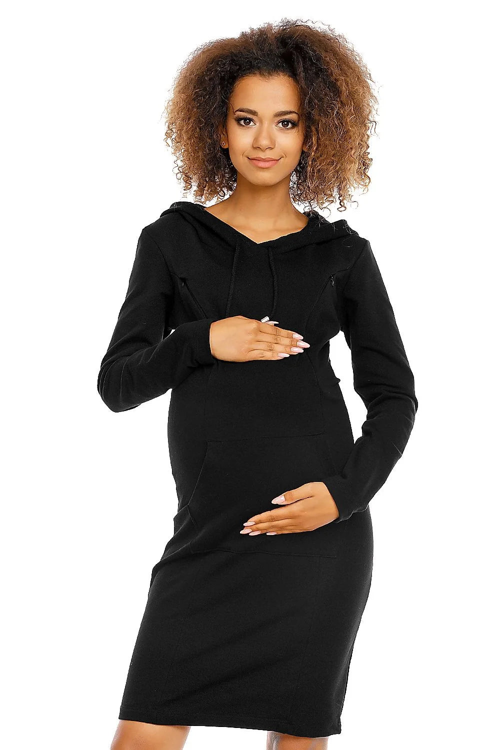 Robe de maternité en coton beige confortable avec capuche idéale pour futures mamans élégantes