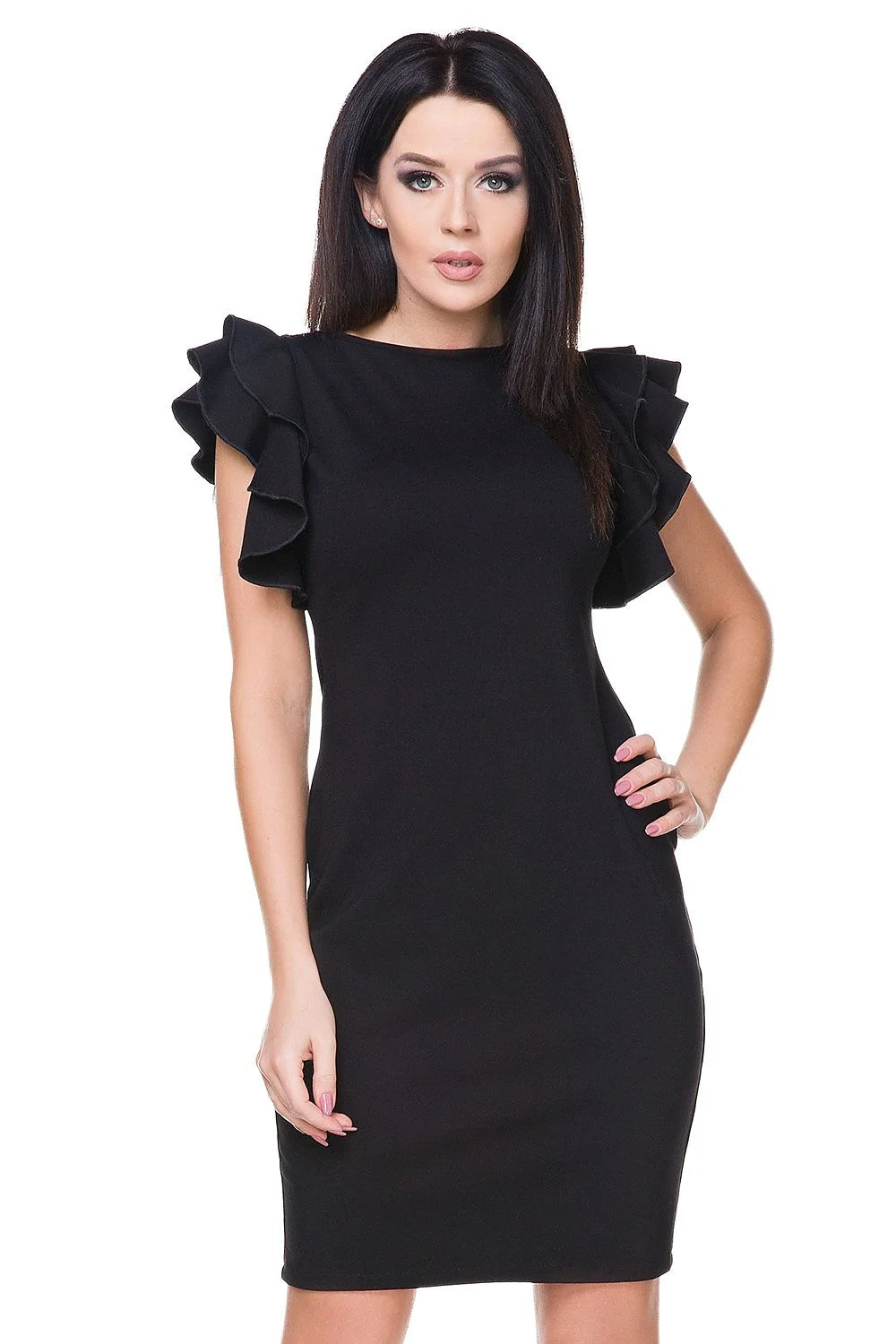 Robe de soirée chic en tissu noir élégant avec manches volants pour femme moderne tendance