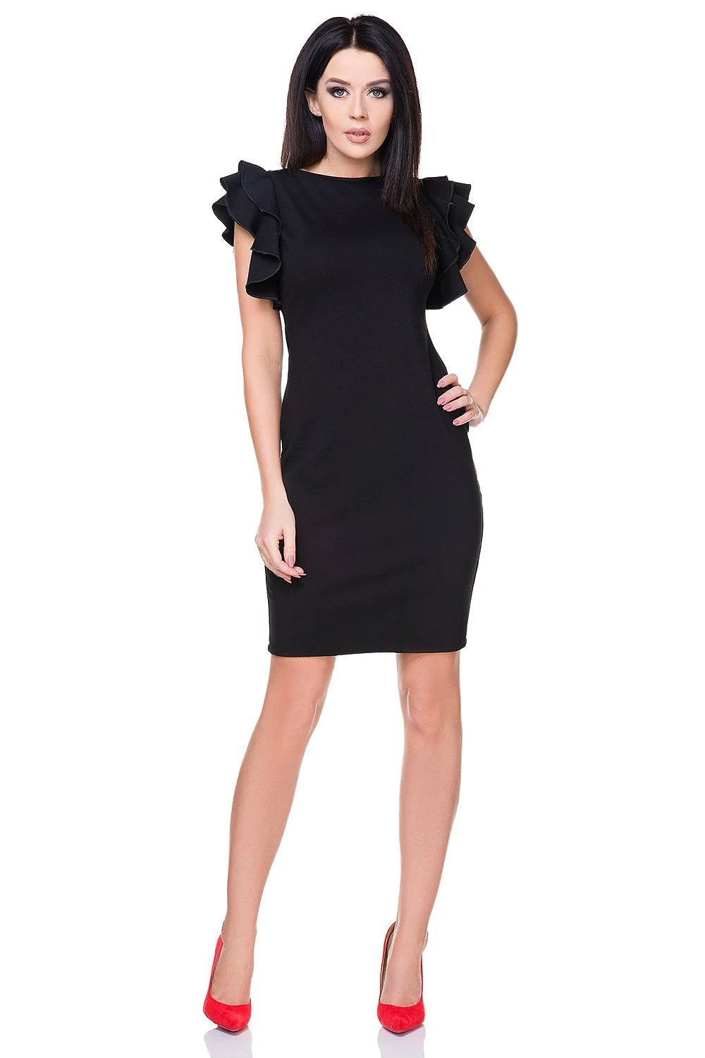 Robe de soirée chic en tissu noir élégant avec manches volants pour femme moderne tendance
